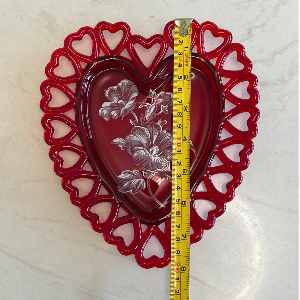 Westmoreland Ruby Red Heart Shaped Glass Trinket Dish Hand Painted Floral Design
